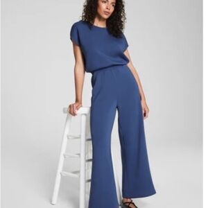 SPANX Navy Short-Sleeve Wide-Leg Jumpsuit